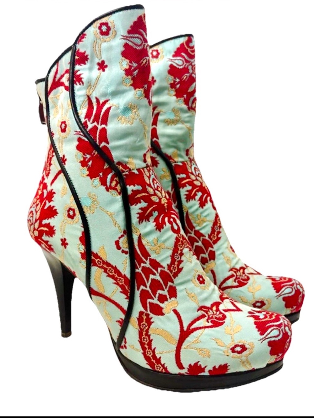 Rockwell Tharp Brocade Booties Sz 39 Red Cream Floral Stiletto Boho - Picture 9 of 15